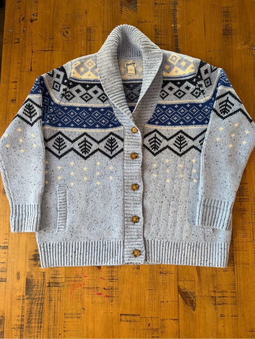 Women’s Duluth Trading Co Light Blue Shawl-Collar Fair Isle Cardigan